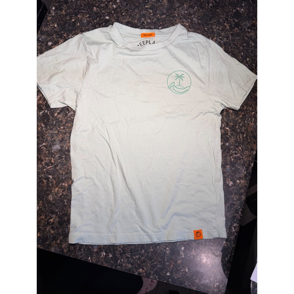 Free Planet Boys Mint Green Surf Island Palm Tree Graphic Tee Shirt Size 8